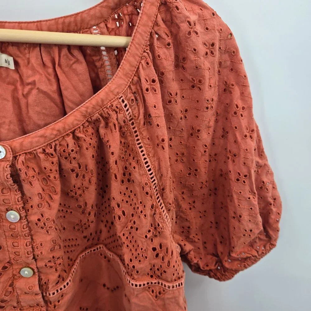 Faherty Rust Burnt Orange Eyelet 100% Organic Cotton Boho Blouse Size Medium - Picture 6 of 16